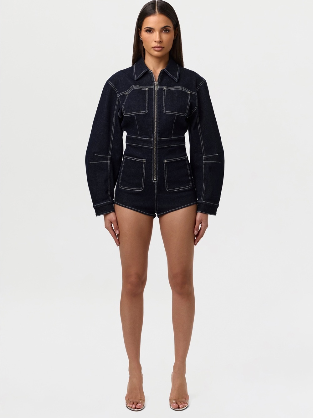 Naked Wardrobe DENIM ZIP UP ROMPER Size Medium Stretch